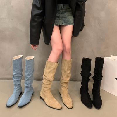 Botas hasta la rodilla para mujer Otoño Invierno Zapatos femeninos Moda Femenina Slip-on Pliegues Tacón bajo Puntera puntiaguda Botas largas