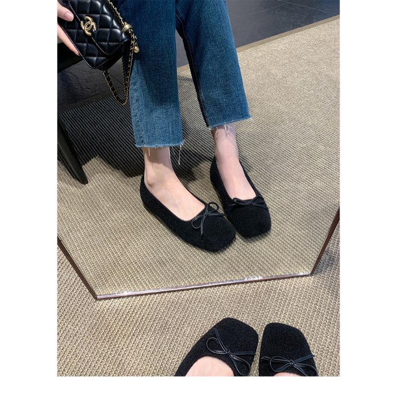 

~ Versatile autumn and winter bow woolen plush warm shallow mouth ballet single shoes women 35 чёрный