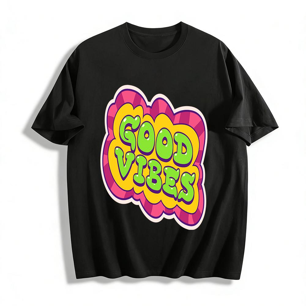 Good Vibes Graphic Print Casual T-shirt Unisex Loose Fit Retro Style Daily Wear Top Pure cotton T-shirt XXS