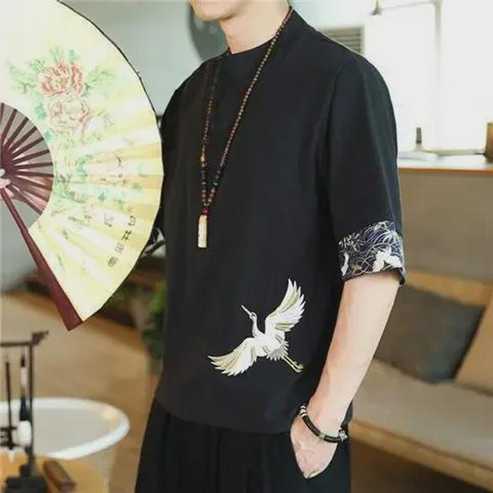 

Мужская футболка с коротким рукавом из хлопка и льна с вышитым журавлем в китайском стиле 5XL (175-200 lbs)