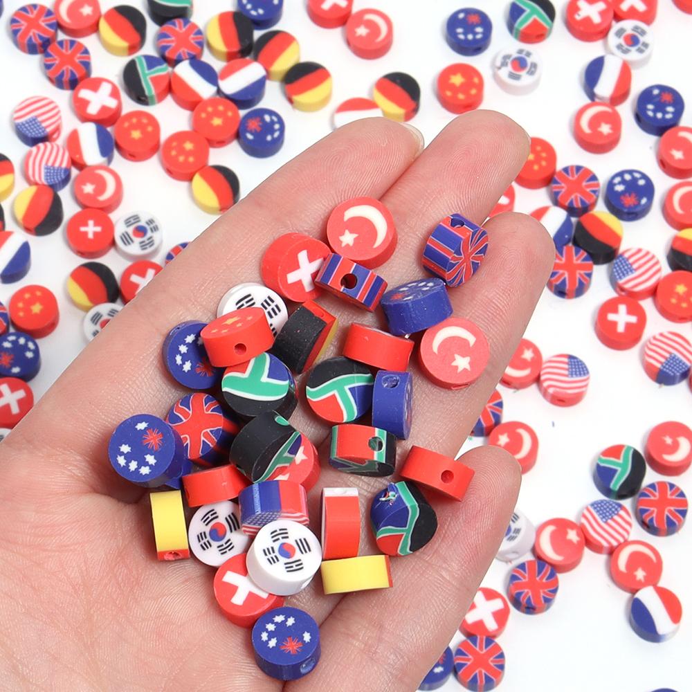 50 Stück 9 mm Polymer Clay Flache Runde Perlen Nationalflagge Lose Abstandshalter Perlen Für DIY Handgemachte Armbänder Ohrringe Herstellung Zubehör