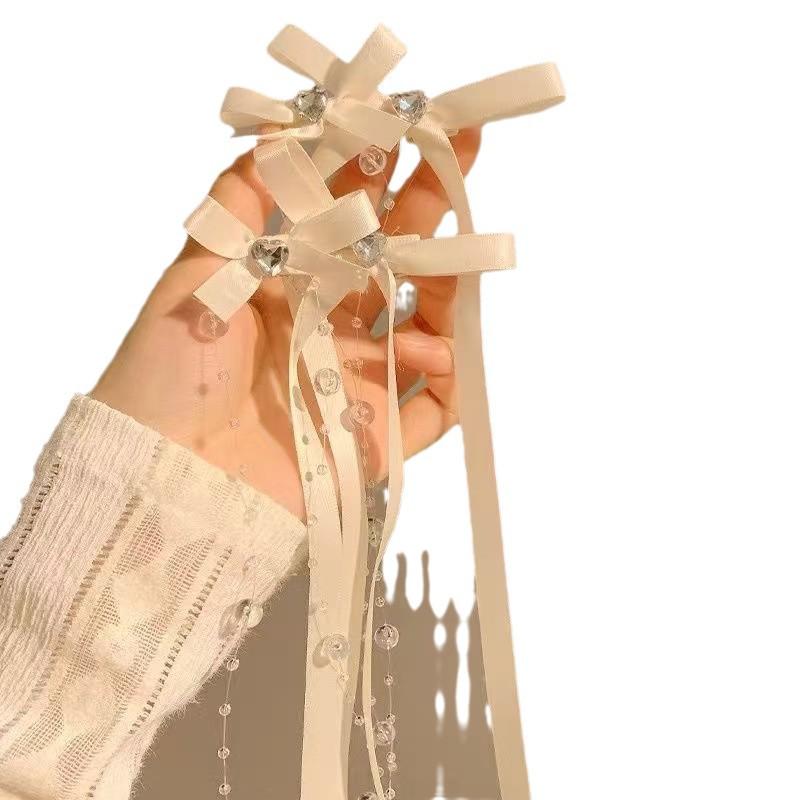 Fermaglio per Capelli con Nappa e Fiocco in Perline e Nastro Francese per Bambine – Doppia Pinza Intrecciata Stile Balletto