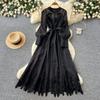 Heavy Industry Embroidery Hollow Dress Women's Summer Long Sleeves Waist Skinny Commuter Temperament Yellow A-shaped Dress