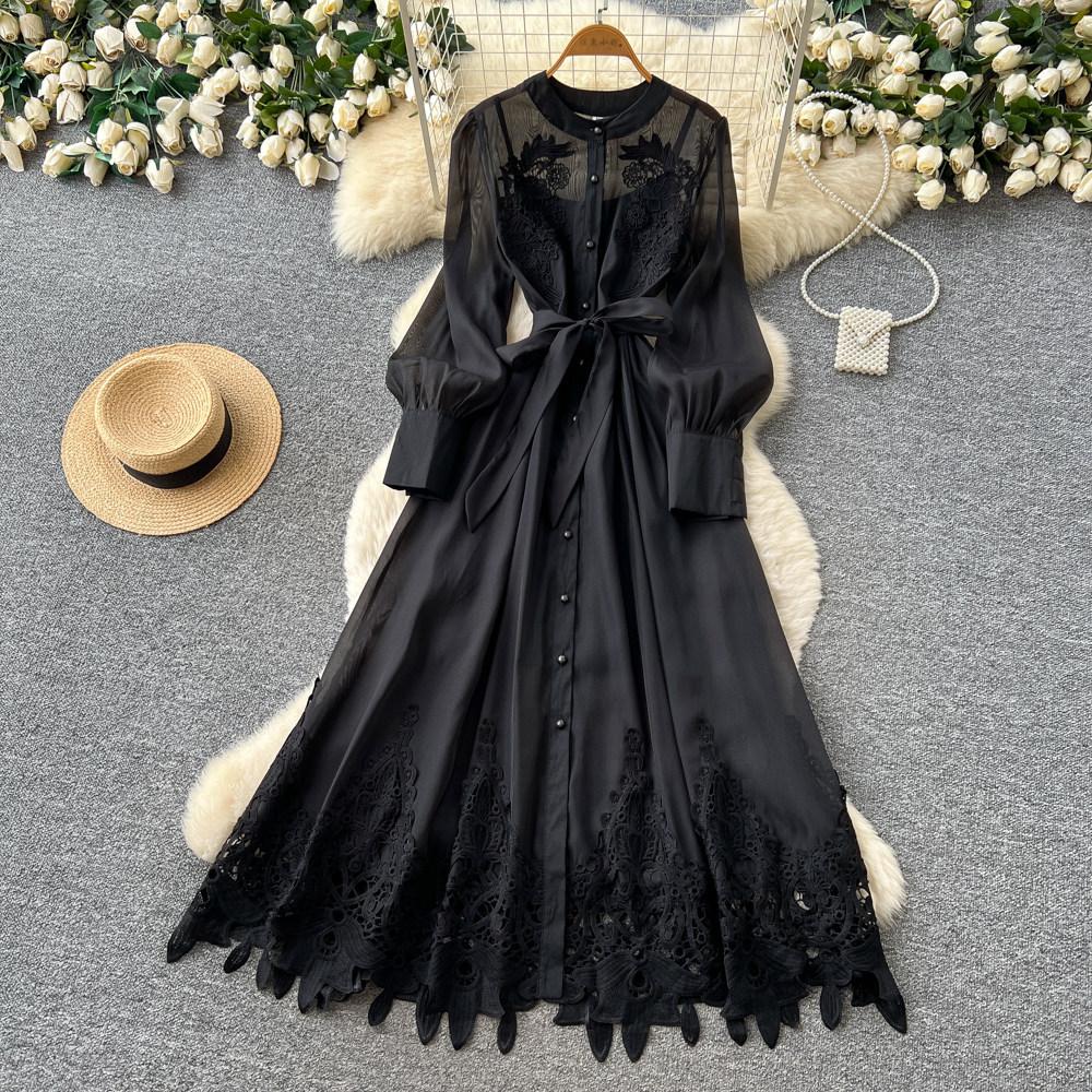 Heavy Industry Embroidery Hollow Dress Women's Summer Long Sleeves Waist Skinny Commuter Temperament Yellow A-shaped Dress