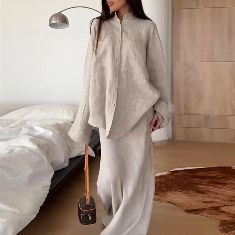 

Summer Women s Solid Color Long Sleeve Shirt & High Waist Midi Skirt Set M хакі