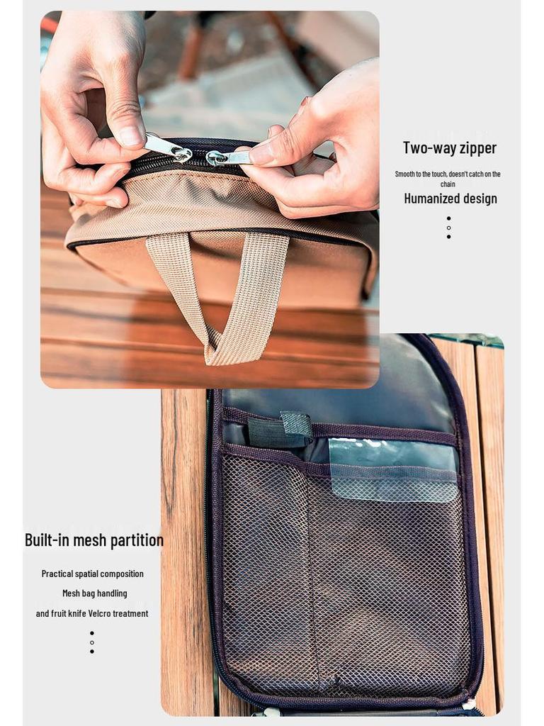 Portable Outdoor Cookware Set: Stainless Steel Cutlery, Storage Bag, and Cutting Board for Camping and Picnics.