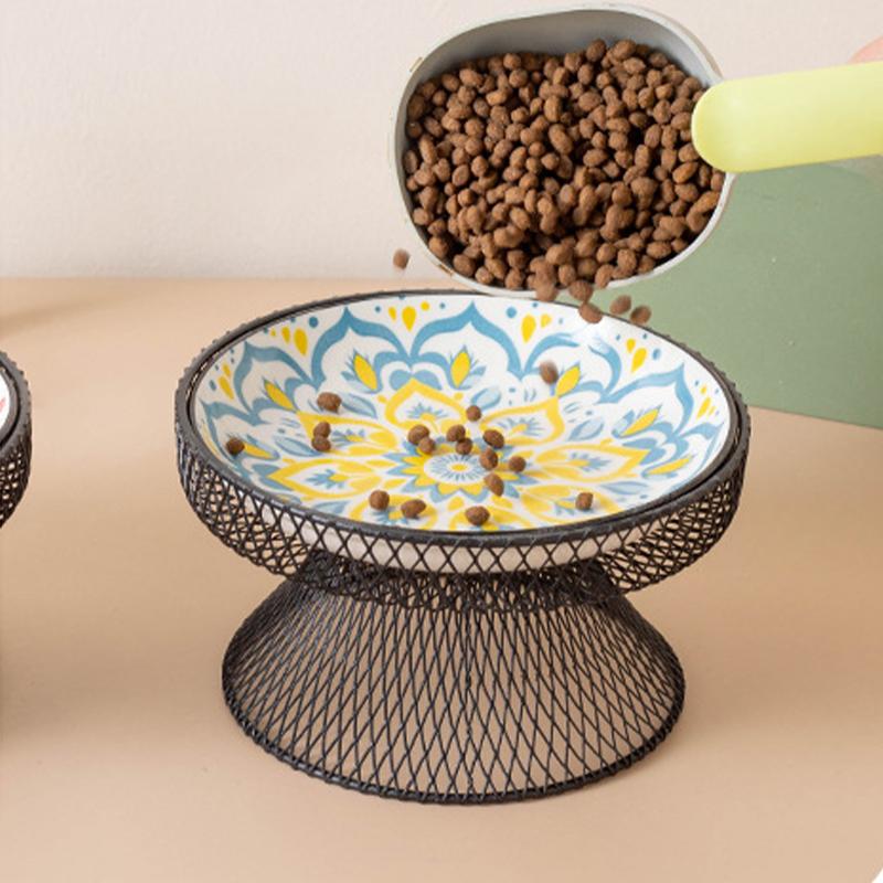 Ceramics Cat Bowl With Bohemia Design Cat Food Bowl Water Plate Snack Dish Large Caliber Anti-Tip With Stand For Neck Protection