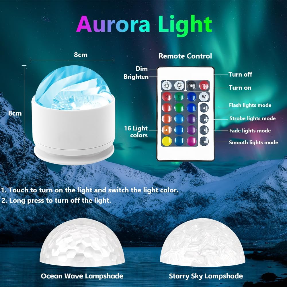 2 In 1 Northern Lights Projector, 16 Color Aurora Night Light Projector,Remote Galaxy Light Projector,USB Recharge Ocean Wave Projector for Playroom