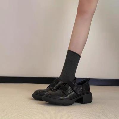 Schafsleder-Version~ Britischer Stil Plateau Klett Slipper Damen Ein-Pedal Leder Bequem Dicke Ferse Geräuschlose Kleine Lederschuhe