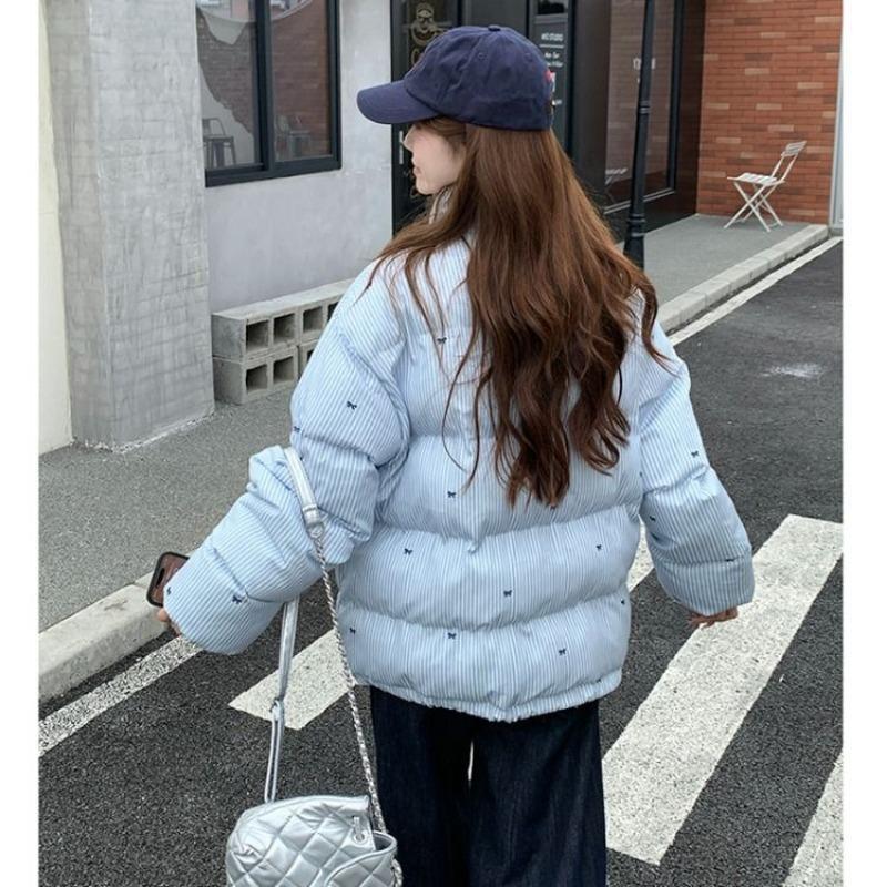 Sweet striped bow short cotton jacket women's small winter warm loose stand-up collar bread jacket