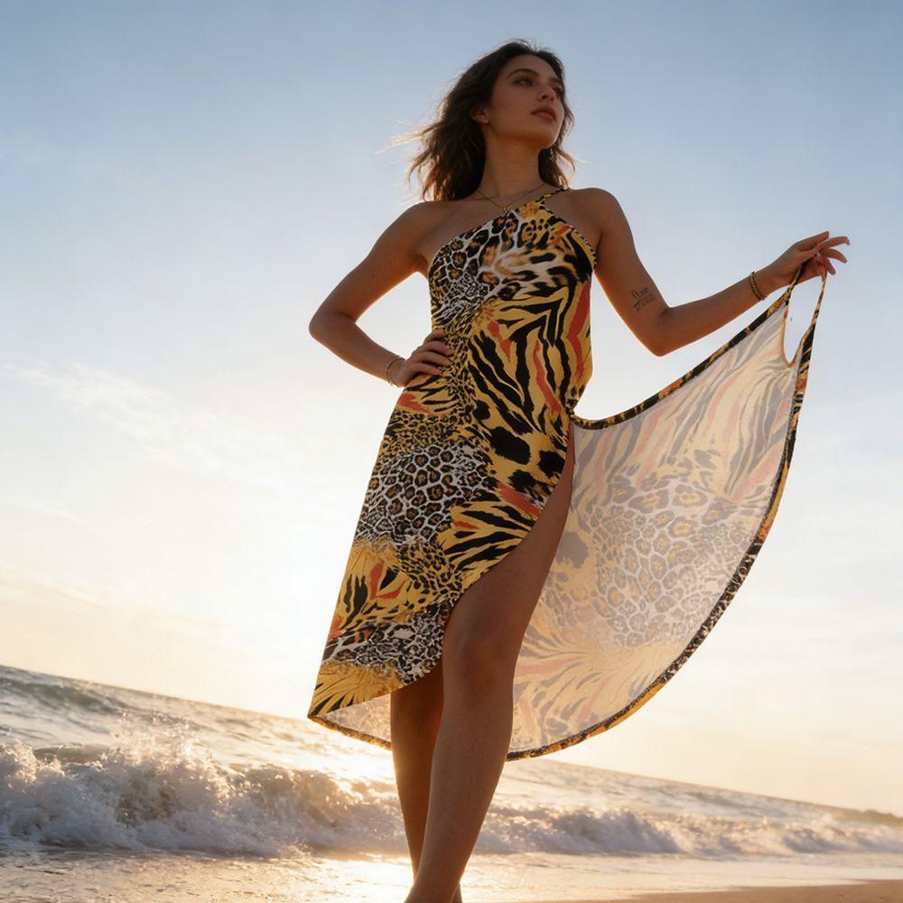 Sleeveless Shiny Beach Sundress Leopard Print Cover Up Skirts Elegant Women Wrap Up Dress  Party