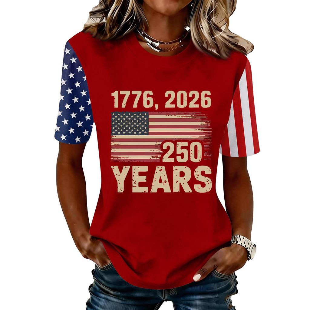 Blusa Feminina da Moda Casual de Manga Curta com Estampa e Gola Redonda
