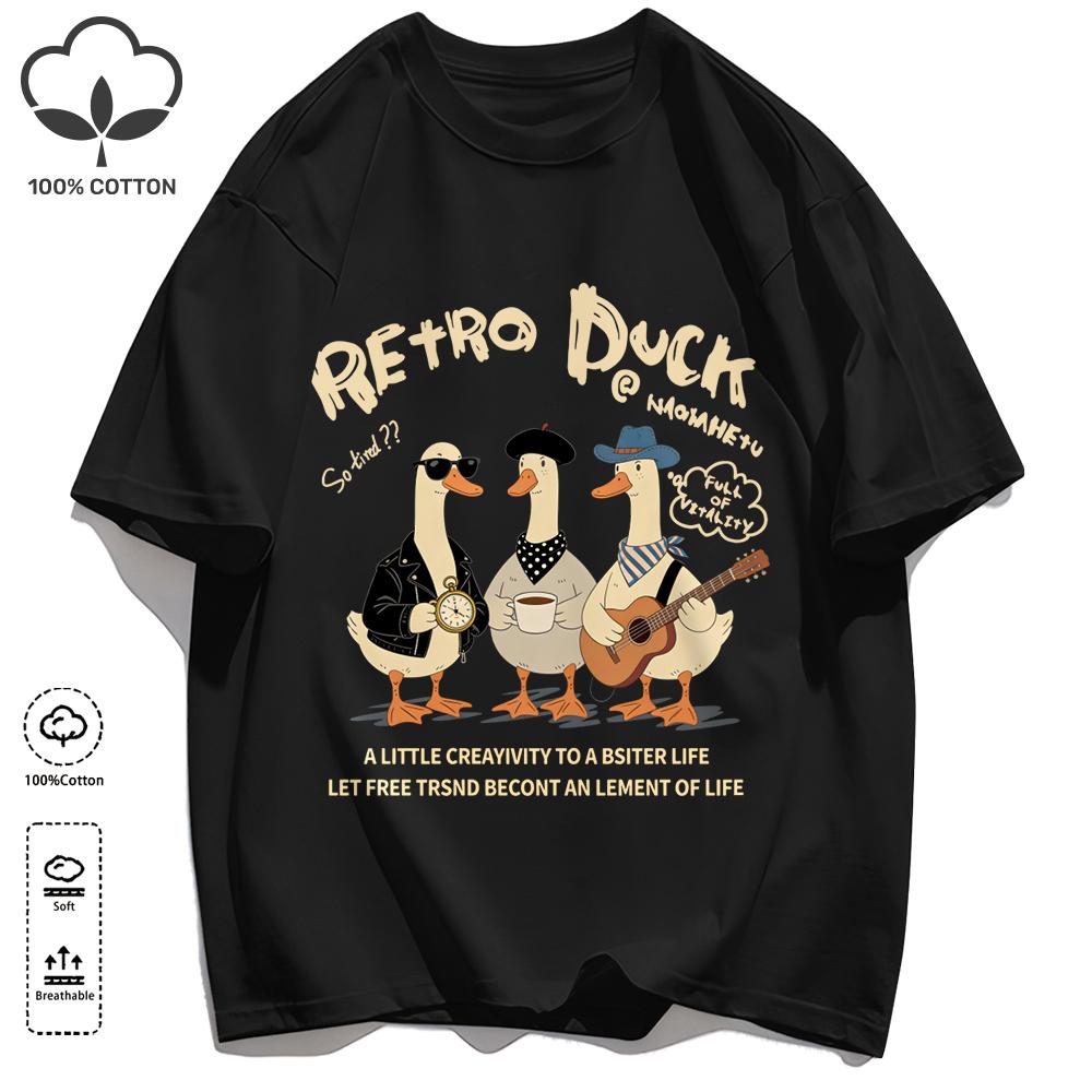 Retro Duck With Free Time T Shirt Unisex Fashion All-Match Basics Streetwear O-Neck Cotton Clothing Unisex Summer Loose Tee