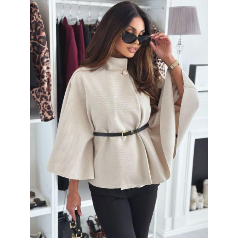 And Winter New Arrival Women's Clothing Fashion Style Pure Color Waist Trimming Lace Up Woolen Cape Coat High Waist Slimming High Collar Tops Fashion