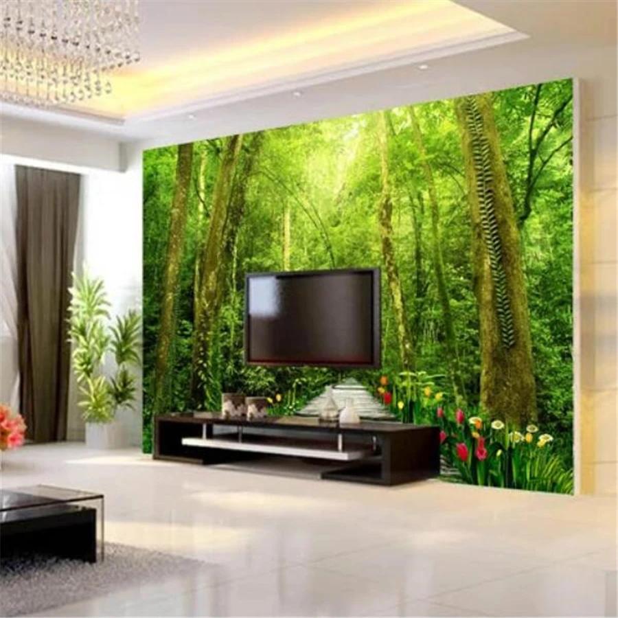Bakgrunn 3d Veggmalerier Inn i den Friske Naturlige Skogen Tre Vakker Bakgrunn Bakgrunnspapir Hjemmeinnredning 3d Bakgrunn