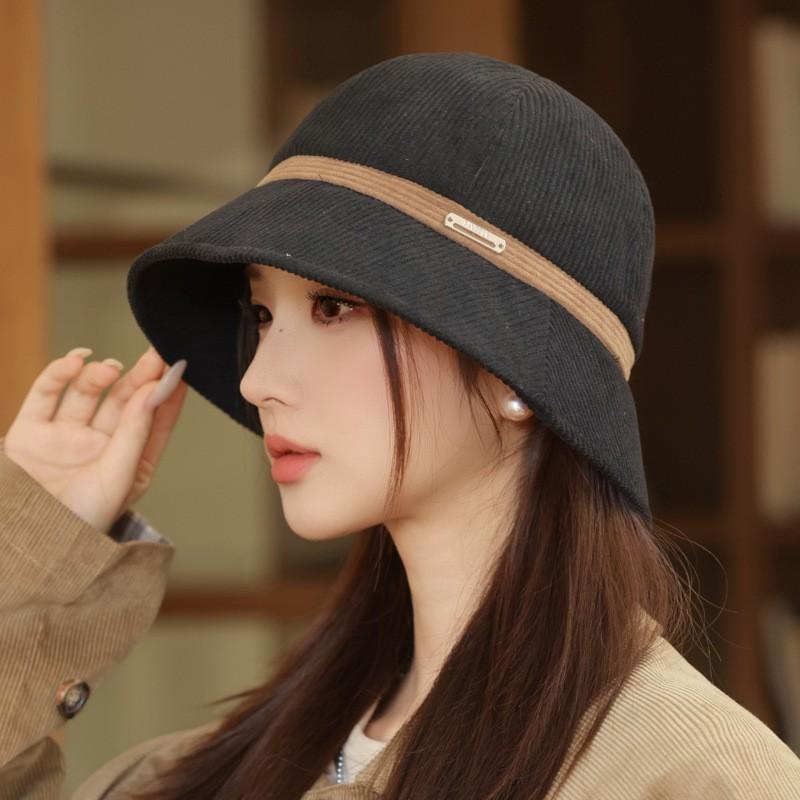 Cotton Corduroy Colorblock Fisherman Hat Women Warm Windproof Bucket Casual Unisex Outdoor Fall Winter