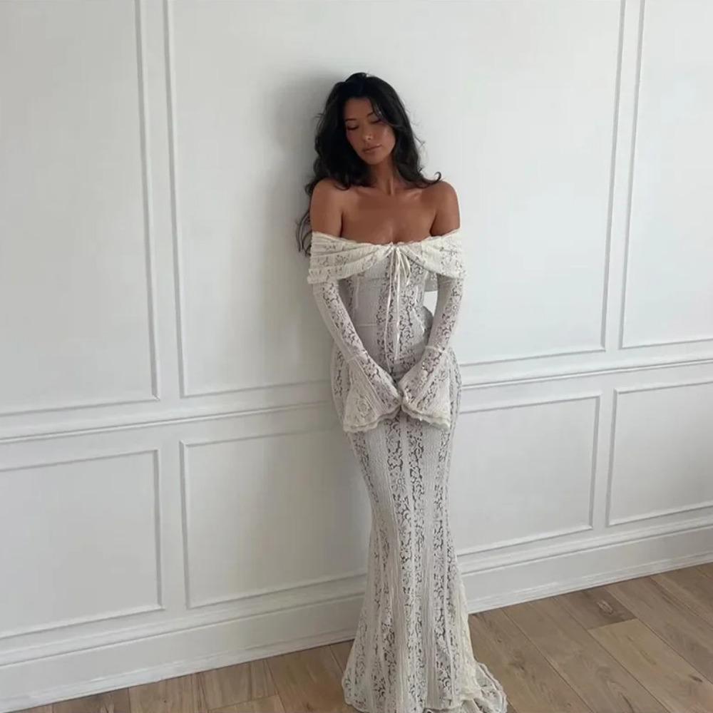 Uthult blonder Ryggløs Slim Lang Kjole Kvinner Stroppeløs Snøring Off Shoulder Kjoler Chic Ny Sexy Kvinne Fest Klubb Kapper