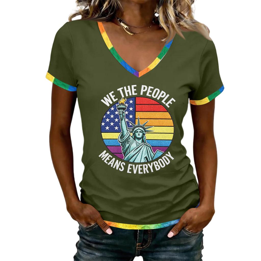 Women's Casual V Neck Short Sleeve T Shirt with Statue of Liberty Graphic and Patriotic Print for Everyday Wear and Outdoor Activities