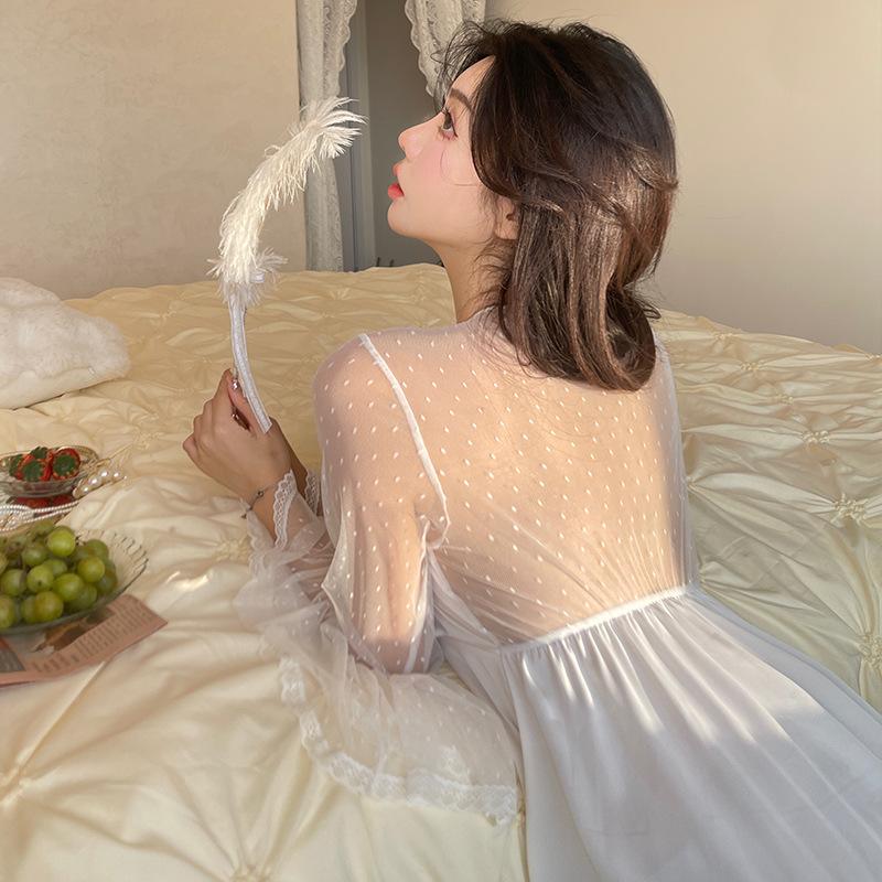 New sexy pajamas women's ice silk summer lace long dress French fairy style can be worn outside loungewear