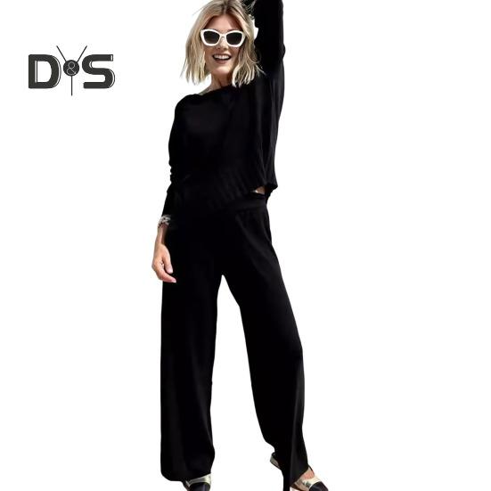 2 шт./комплект женский топ брюки костюм круглый вырез длинный рукав трикотажный — фото 3