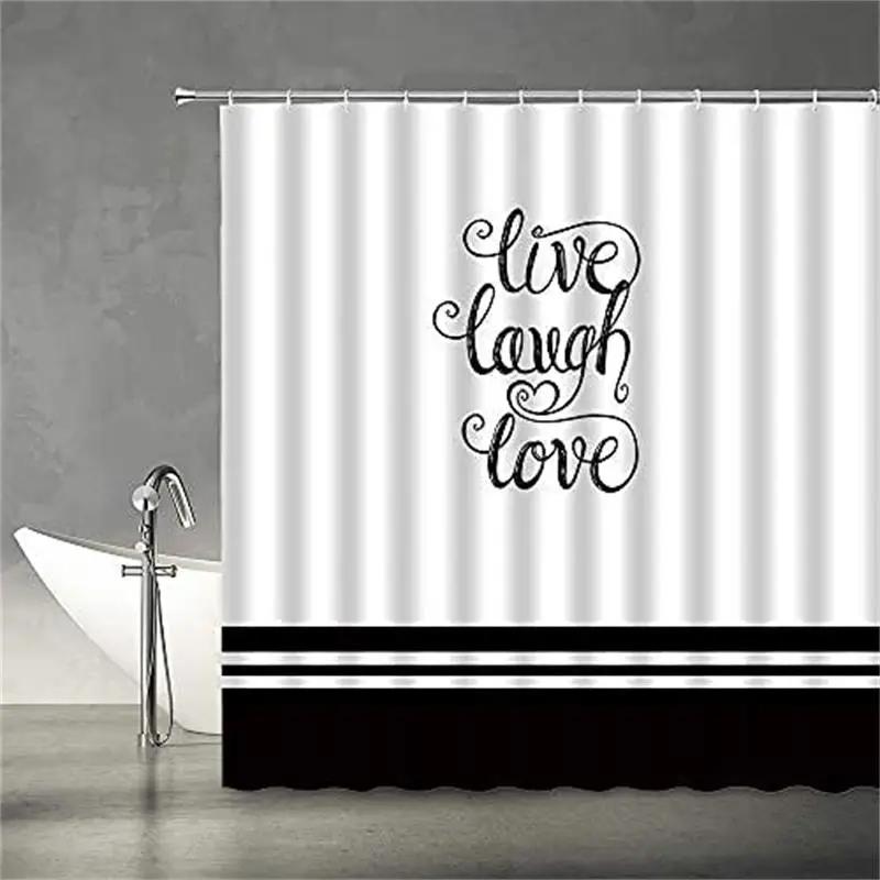 

Black And White Shower Curtains Live Laugh Love Simple Inspirational Quotes Striped Farmhouse Fabric Bathroom Decor Set Hooks W60H190(CM)-1 Pcs