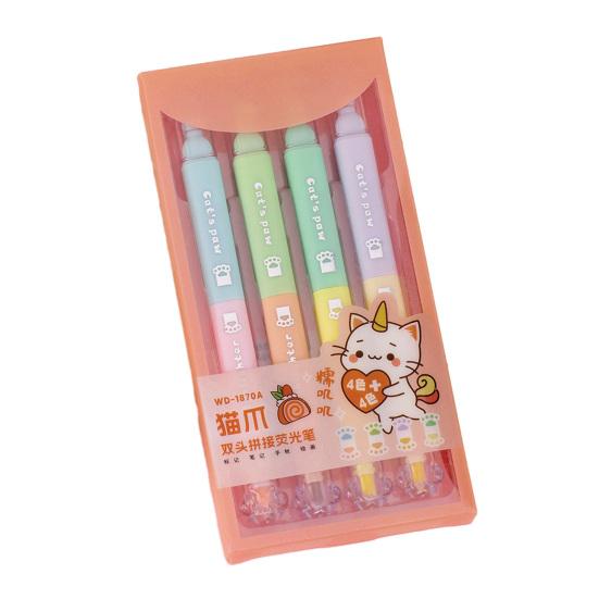 

4Pcs Dual-Tip Cat Paw Highlighter with Stamp & Marker Cute Pastel Journaling Pen for Students Smooth Quick-Dry Fun School Supplies