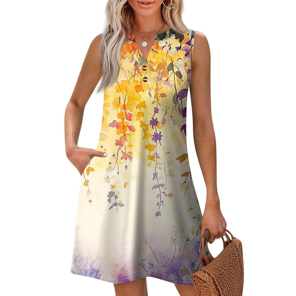 Dámská móda Ležérní potištěné V-neck knoflíky s kapsou Vesta Bez rukávů Šaty