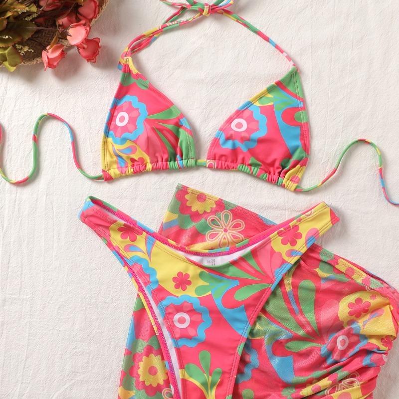 New floral triangle cup printed strap sexy bikini three-piece swimsuit