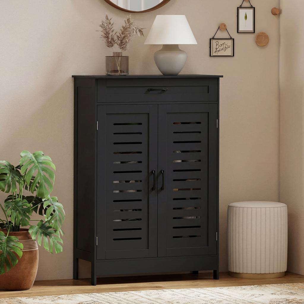 Shoe Cabinet with Louvered Doors, Modern Shoe Storage Cabinet with Drawer and Adjustable Shelves, Black