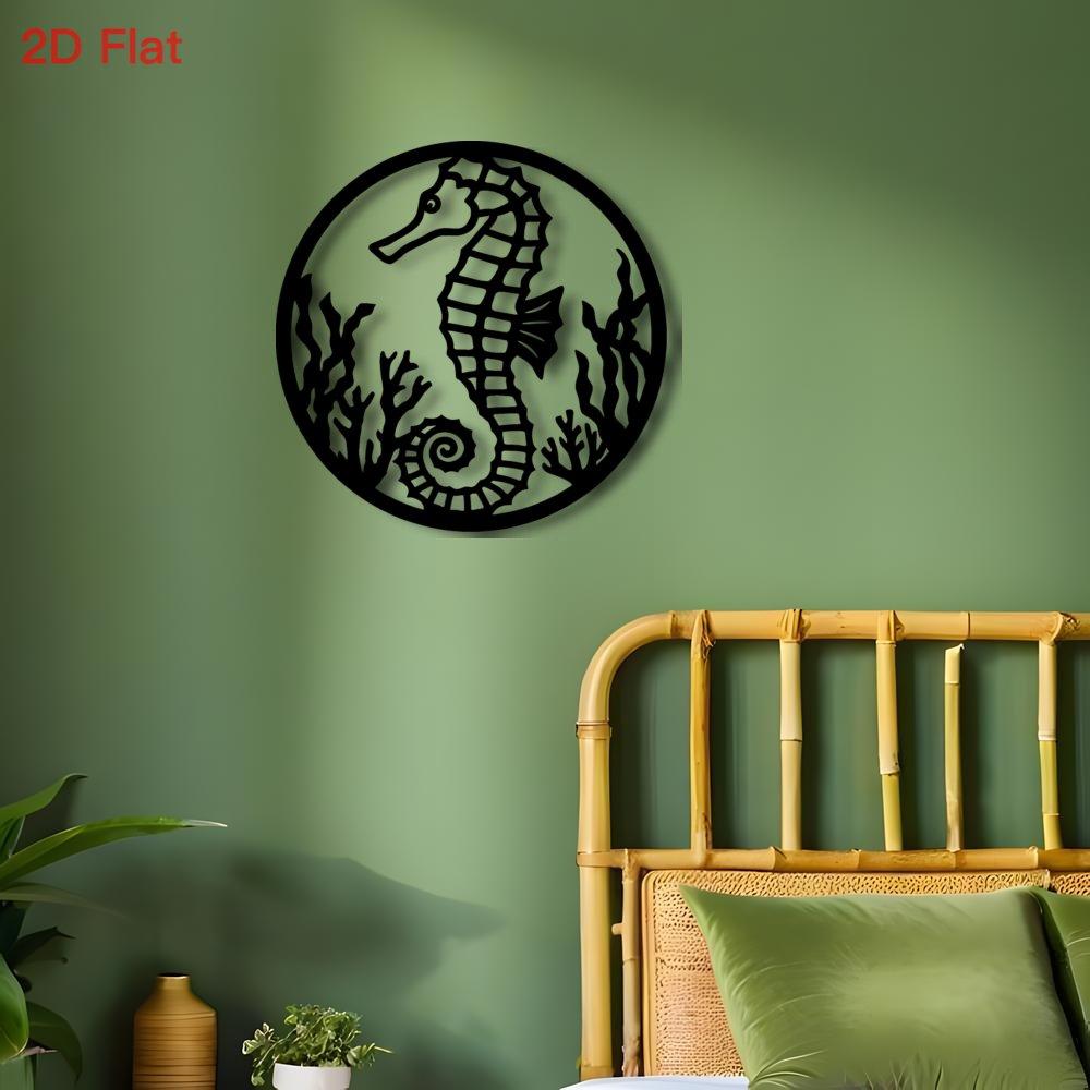 2D Flat Seahorse Metal Wall Art, Black Iron Laser Cut Ocean Decor with Seaweed, for Bedroom Living Room