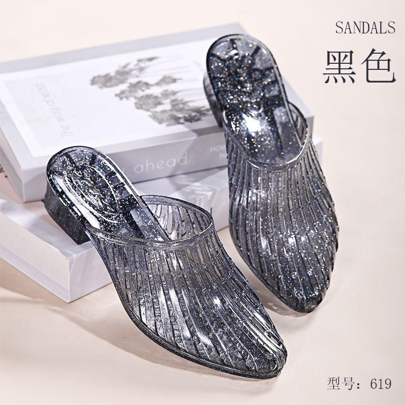 Baotou Sandals for Women Going Out In Summer Versatile Hollow Out Anti Slip Women's Thick Heel Crystal Slippers
