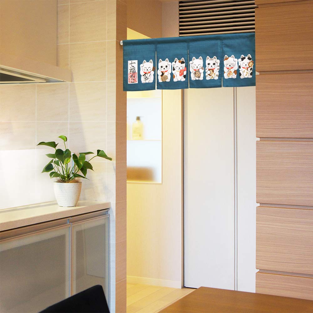 Noren Workshop Noren Japanese pattern cat 85cm wide x 30cm lucky cat short Seven Lucky navy 3012 (Japanese curtain) - design, long, design, length,