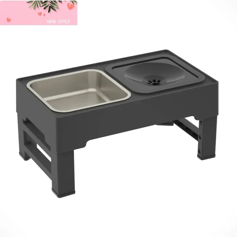 Pet Elevating Table Foldable Dog Drinking Bowl Height Adjustable Dog Bowl Stainless Steel Slow Feed Double Bowl Pet Supplies