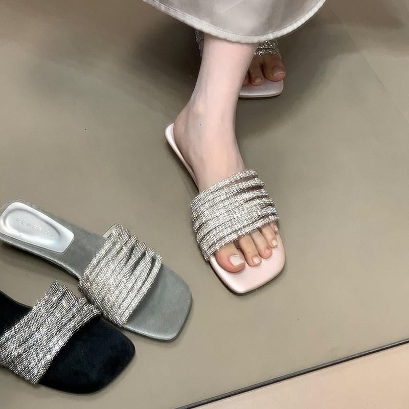 Fashion one-word slippers women's summer wear lazy rhinestones with low heels open-toed sandals high sense