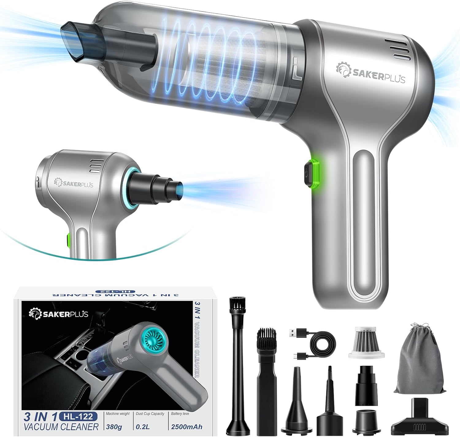 

Wireless Car Vacuum Cleaner, 12000PA Suction, Brushless Motor, 3-in-1 Portable Cordless Vacuum for Cars, Home, Office