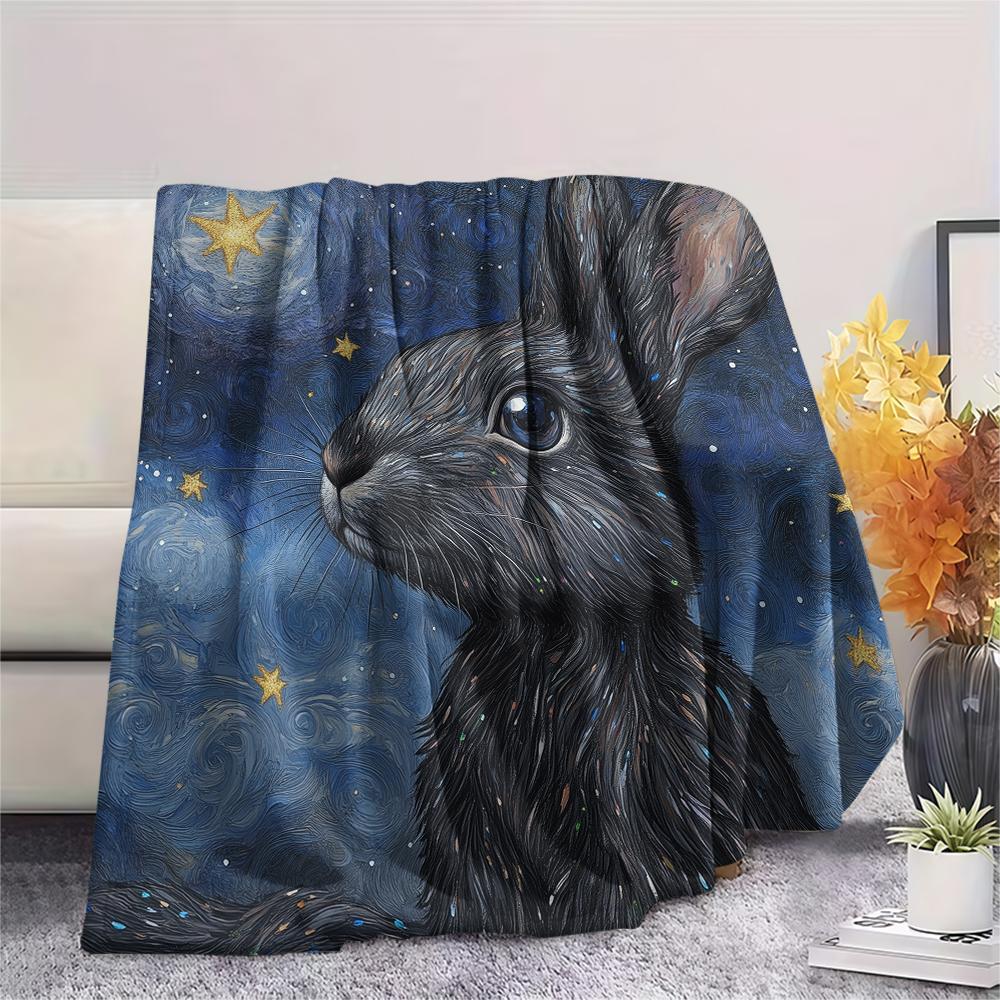 Black Rabbit Pattern Flannel Blanket, High Quality Comfortable for All Seasons, Home Decor, Warmth and Comfort, Perfect for Gifts.