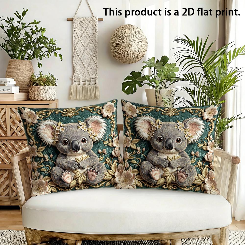 2pcs Vintage Floral Koala Throw Pillow Covers 2D Flat Print Decorative Cushion Cases for Sofa Bedroom Living Room Cushion Cover