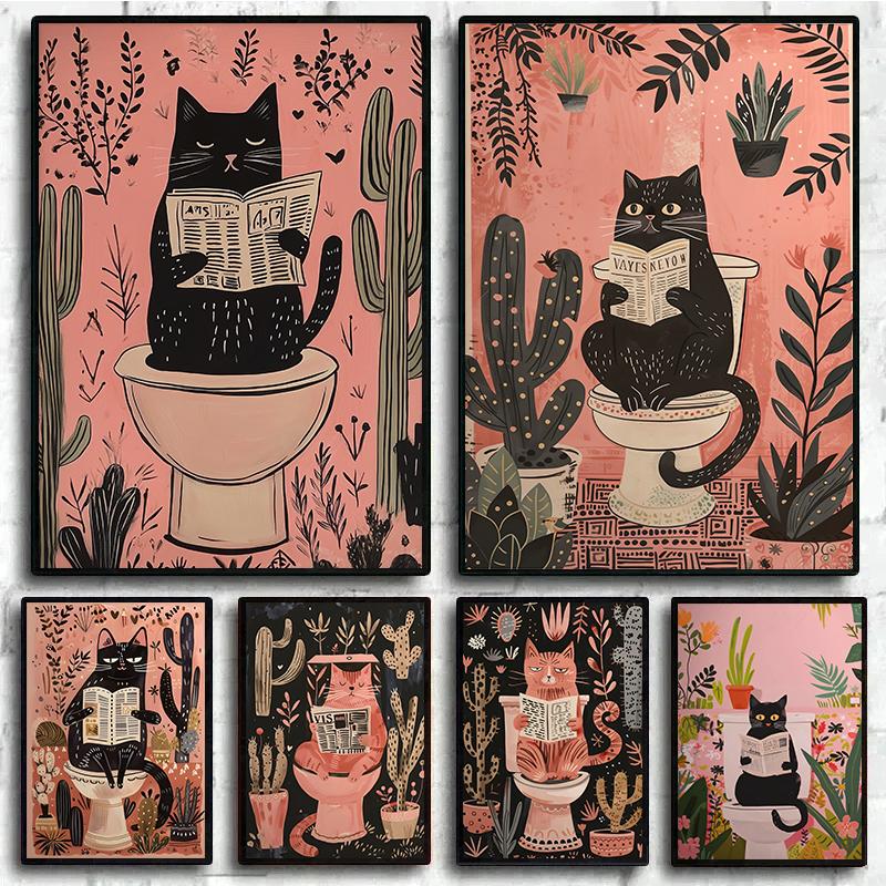 Funny Black Cat Animals On The Toilet Reading Poster Bath Prints Canvas Painting Wall Art Pictures for Toilet WC Home Decor