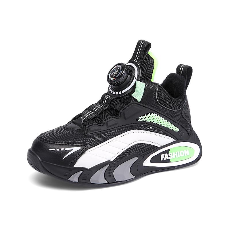 Kids' Rotating Button Sneakers - Leather, Velvet-Lined for Autumn & Winter