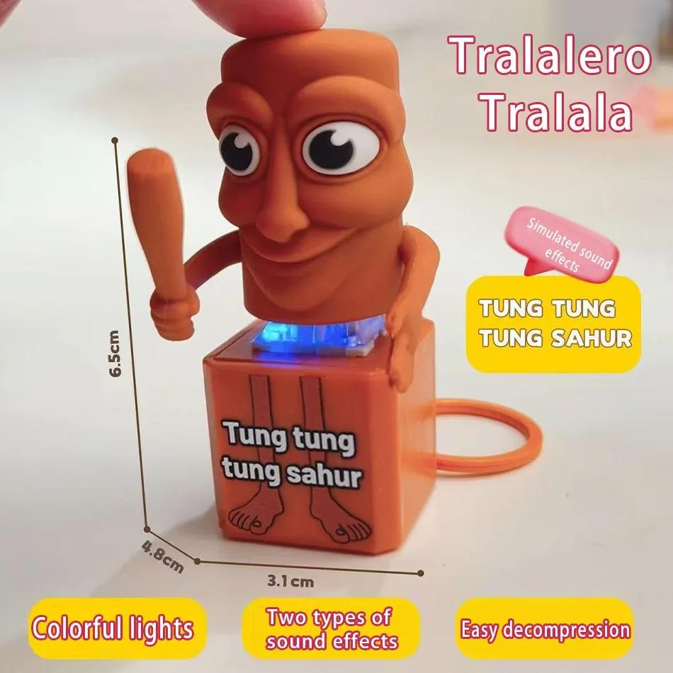 Funny Tung Tung Sahur Man Keychains with LED Light Cartoon Button Keyring Decompression Backpack Hanging Pendant Creative Gifts