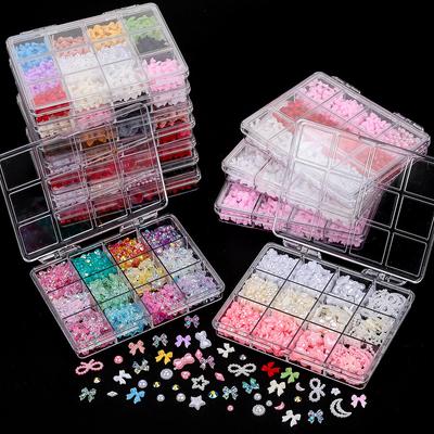 12-Gitter-Set, Schleifen-Nagelkunst-Schmuck gemischt, Harz-DIY-Schmuck, Farbige Perlen-Nagelkunst-Schmuck gemischt.