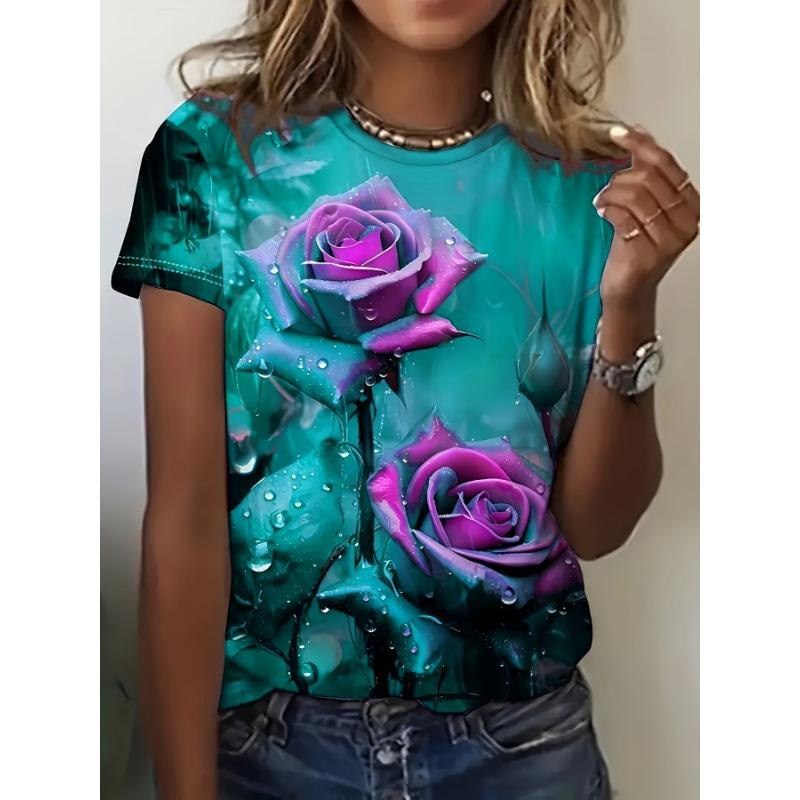 Бирюзовая и фиолетовая женская футболка - Графика  Роса на Розе , Яркий цветочный принт для повседневной носки 5XL