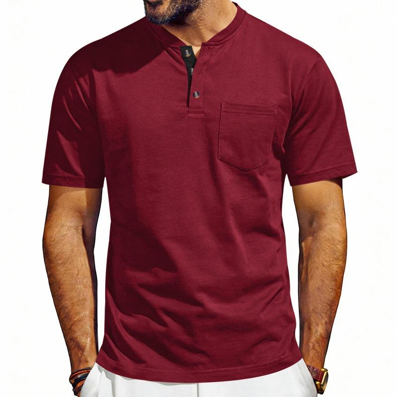 Men Henley Neck Short Sleeve T Shirt With Chest Pocket Casual Solid Color Tops