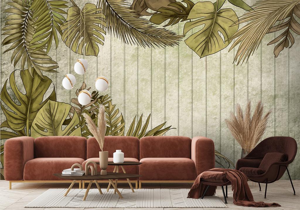 Wallpaper Tropical leaves on a background of boards