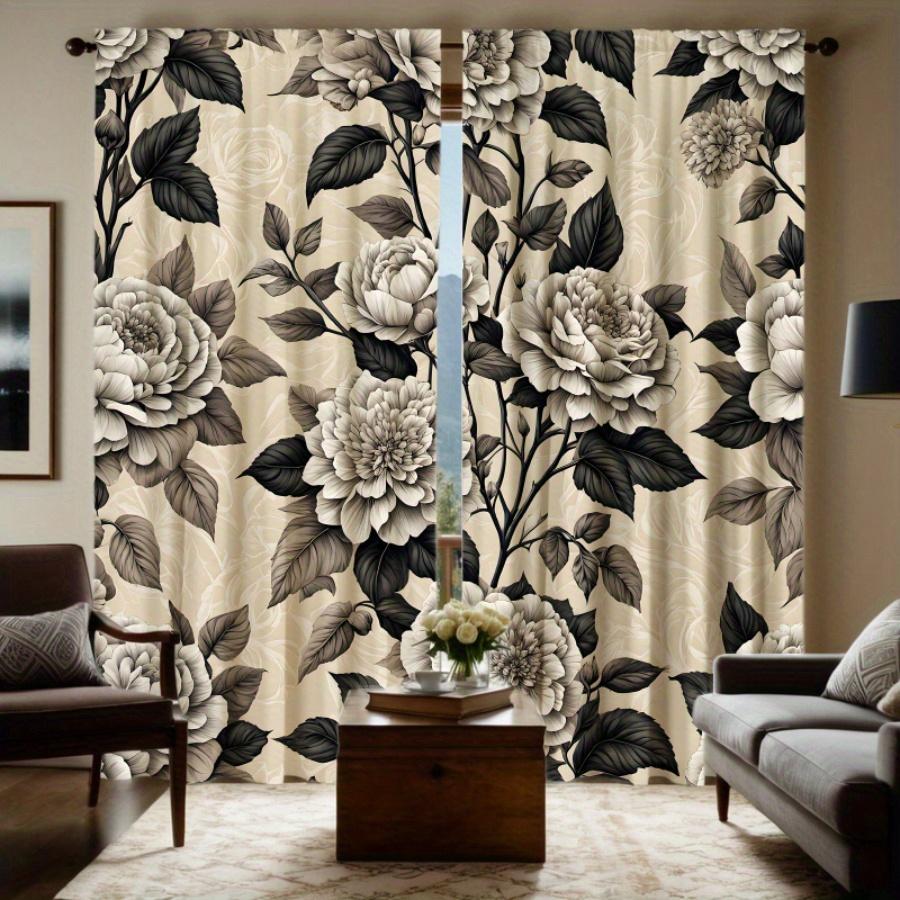 2pc  black and white floral print curtains   polyester fabric   machine washable   suitable for bedroom living room decoration