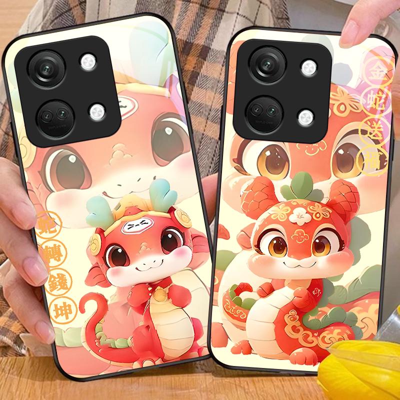 New Cartoon Snake For OnePlus Nord 3 5 6T 7 Pro 8 12 10T Reno8 Lite 5G 10R Nord N30 Hard Shell Tempered Glass Phone Case Black