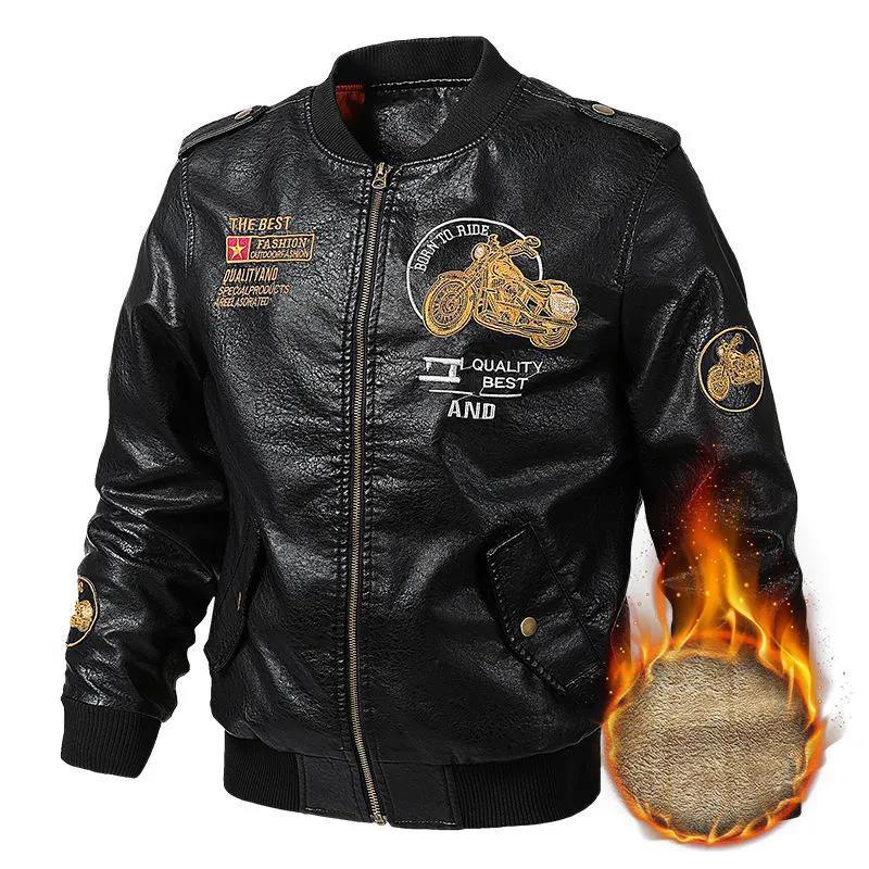 Pánská motocyklová bunda z umělé kůže, zimní tlustá teplá kašmírová bunda, ležérní štíhlá motocyklová bunda