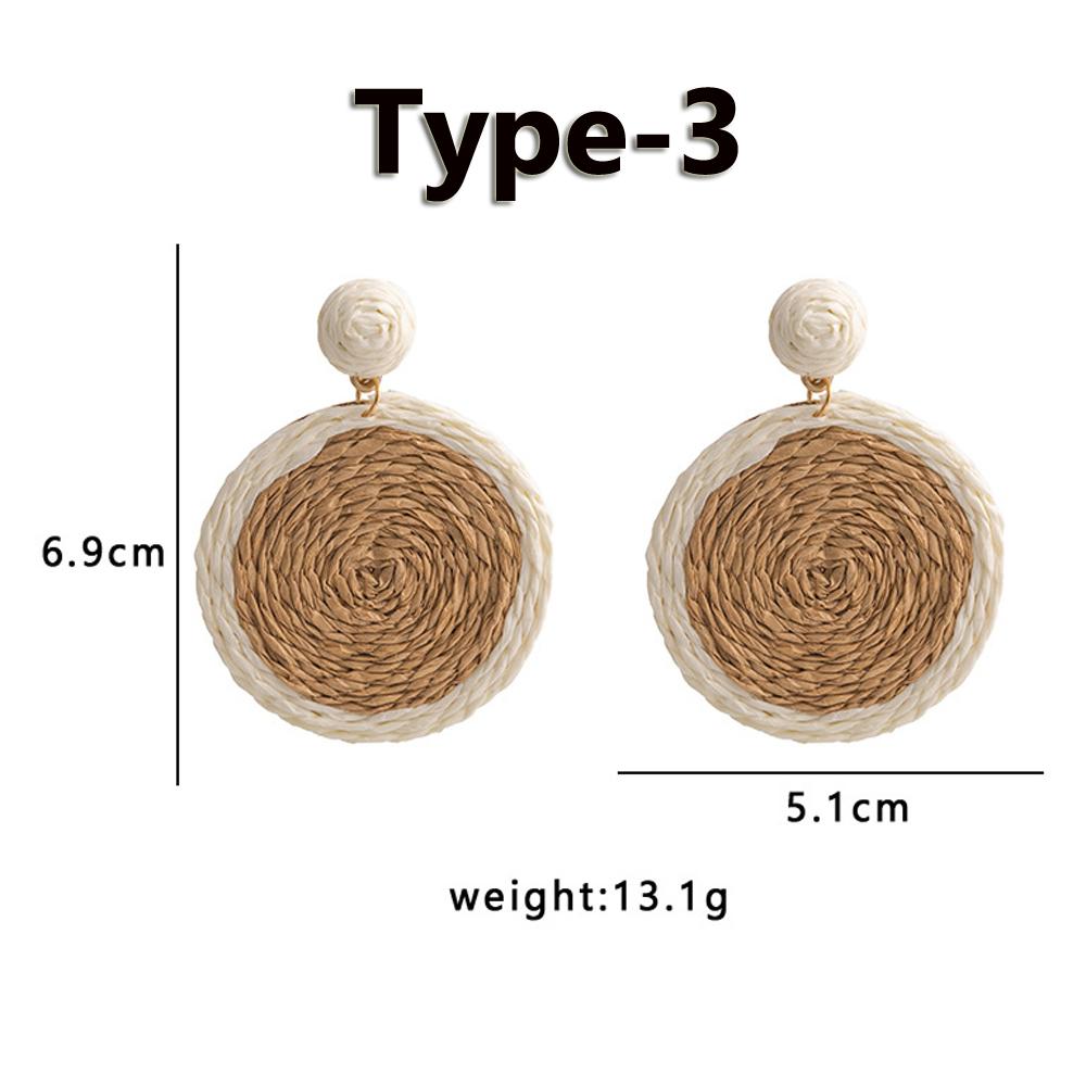 Bohemian Straw Hoop Earrings Natural Raffia Wicker Rattan Earrings for Women Summer Beach Party Festival Zircon