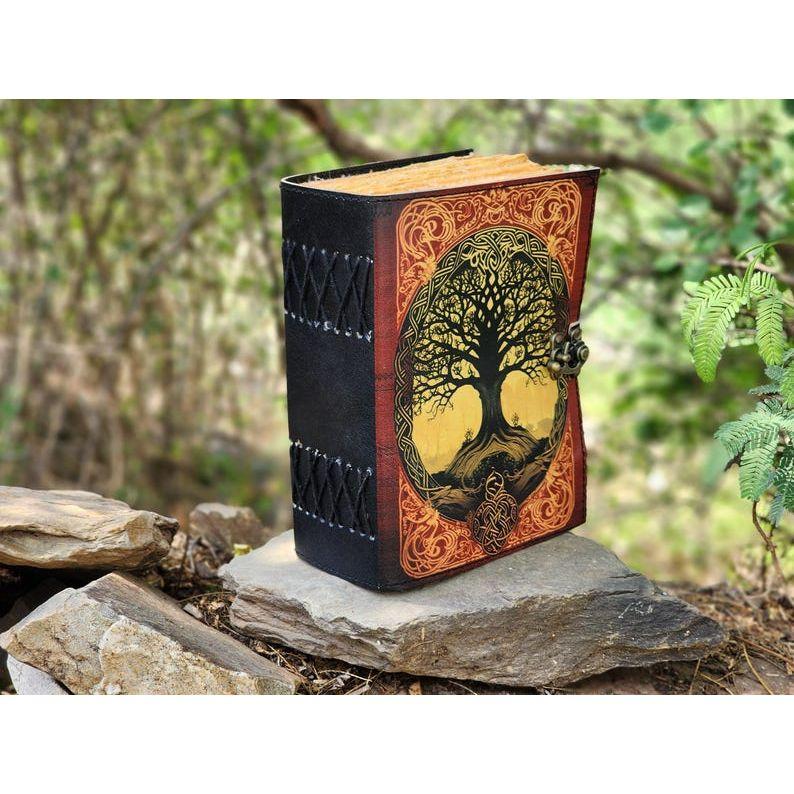 Grimoire Leather Journal, Tree Printed Leather Cover, Blank Spellbook Of Shadows, Sketchbook. Wedding Guest Book