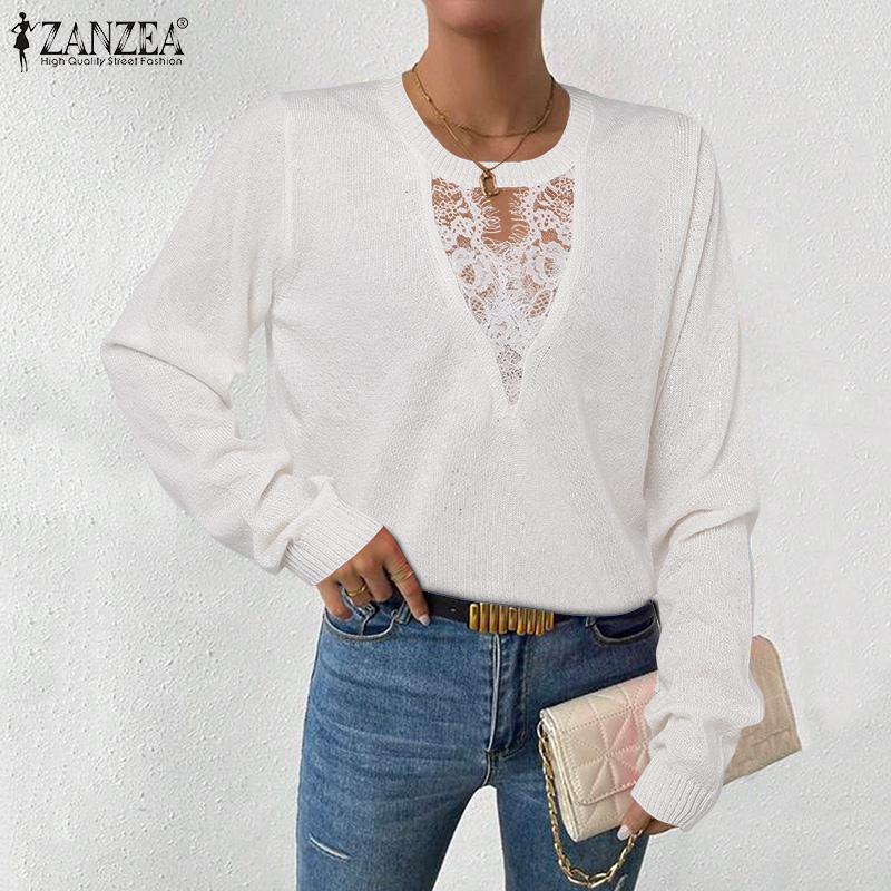 ZANZEA Women Casual Hollow Lace Splice Long Sleeve Thin Knitted Sweater